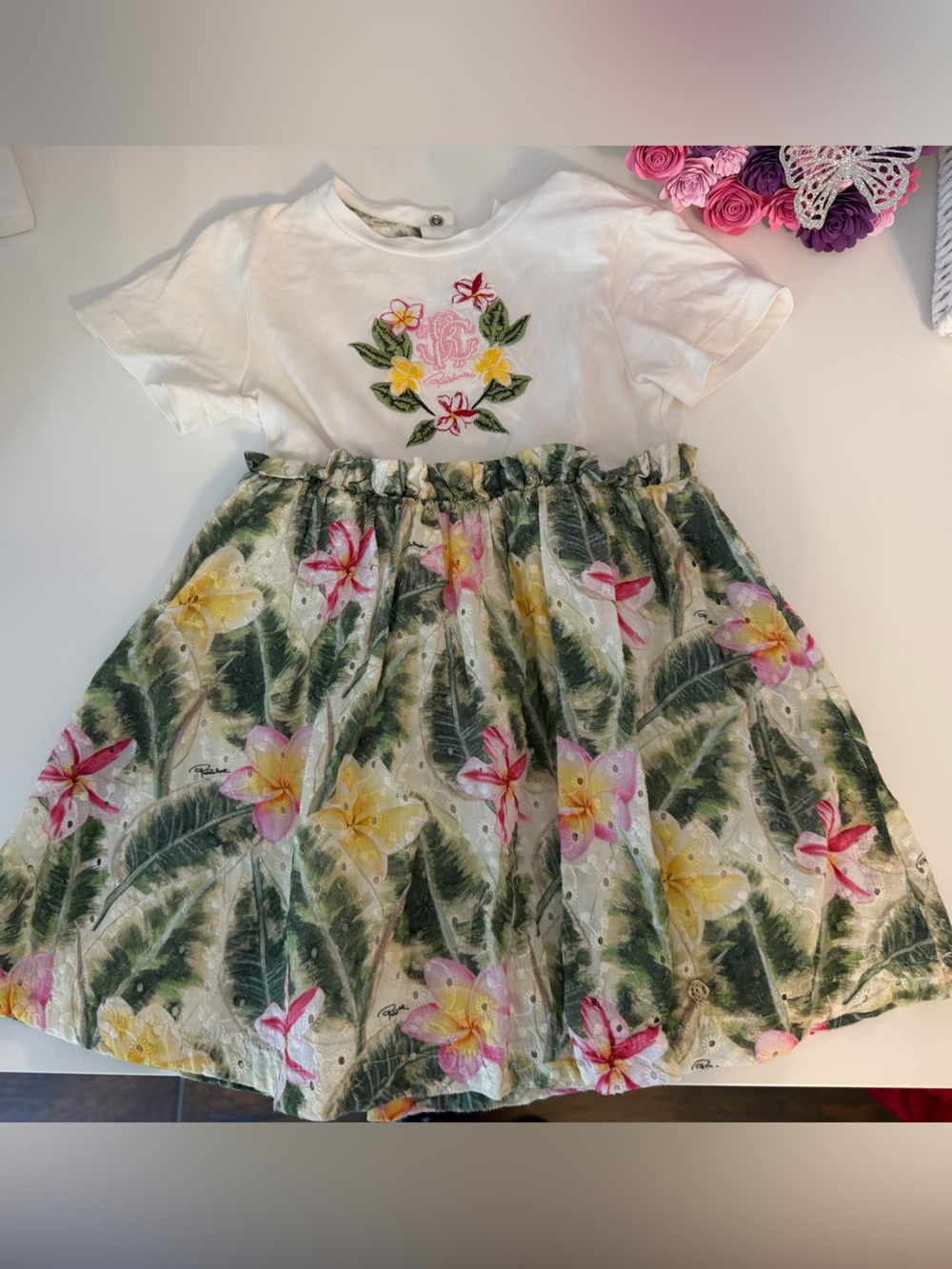 Roberto Cavalli Tropical Floral A-Line Skirt - Green, Pink & Yellow